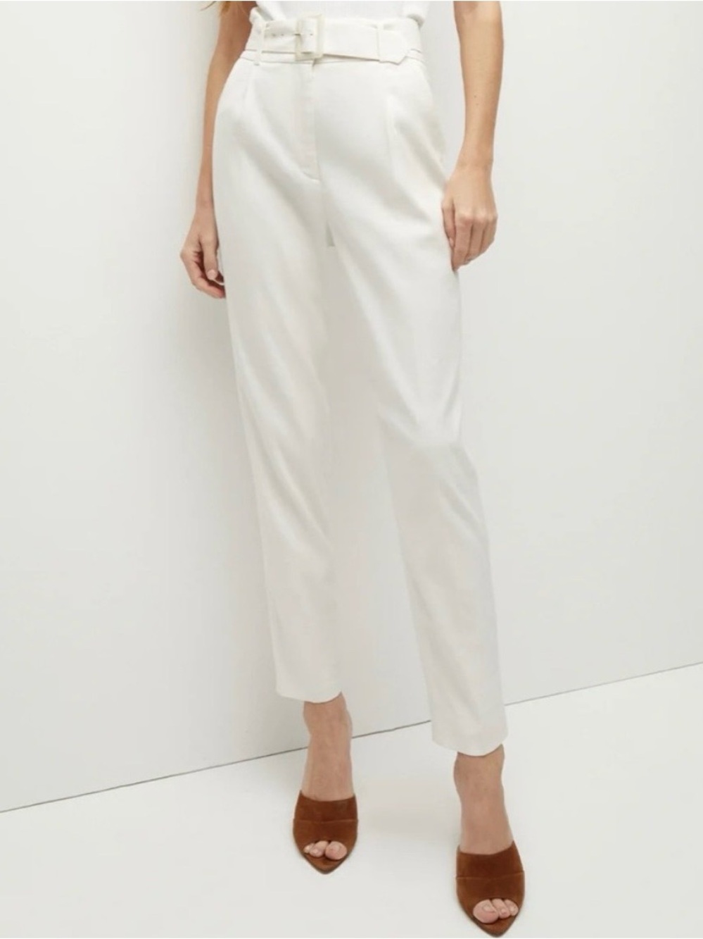 Veronica Beard Sofia Off White Tapered Linen Pants with Belt